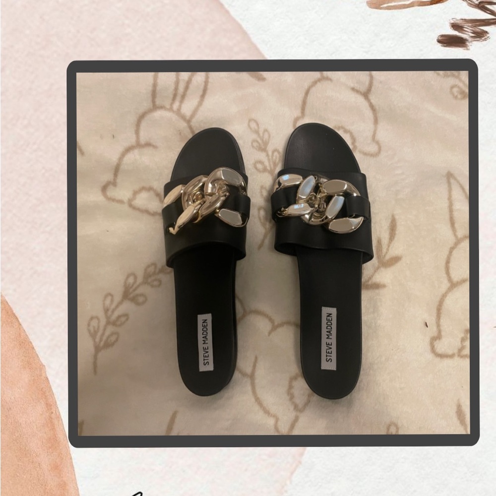 Steve Madden Black Slide Sandals with Gold Accents